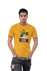 Fitness Gym Center, (BG Brown), Round Neck Gym Tshirt (Yellow Tshirt) - Clothes for Gym Lovers - Suitable for Gym Going Person - Foremost Gifting Material for Your Friends and Close Ones