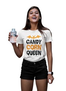 Candy corn queen (BG orange white)Halloween text - Printed Tees for Women's -designed for Halloween