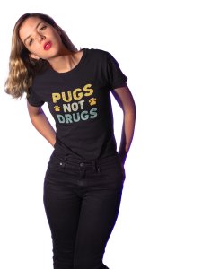 Pugs not drugs -Black - printed cotton t-shirt - comfortable, stylish