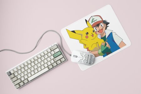 Pikachu in Ash's hand - Printed animated creature Mousepads