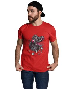 Dinasaur With Headphone Red Round Neck Cotton Half Sleeved T-Shirt with Printed Graphics