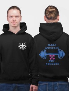 Make Muscles, Not Excuses(BG Blue) printed artswear black hoodies for winter casual wear specially for Men