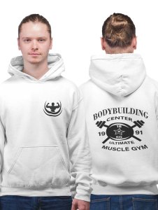 Bodybuilding Center, Ultimate Muscle Gym printed artswear white hoodies for winter casual wear specially for Men