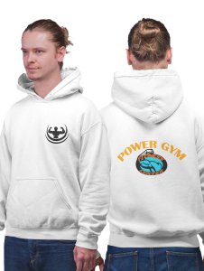 Power Gym, Fitness Center, (Yellow and Orange Text) printed artswear white hoodies for winter casual wear specially for Men