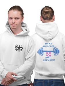 Make Muscles, Not Excuses, (Purple Text) printed artswear white hoodies for winter casual wear specially for Men
