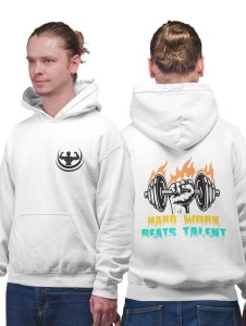 Hard Work Beats Talent printed artswear white hoodies for winter casual wear specially for Men