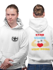 Stop Wishing, Start Doing, (Blue, Red And Yellow Text)  printed artswear white hoodies for winter casual wear specially for Men